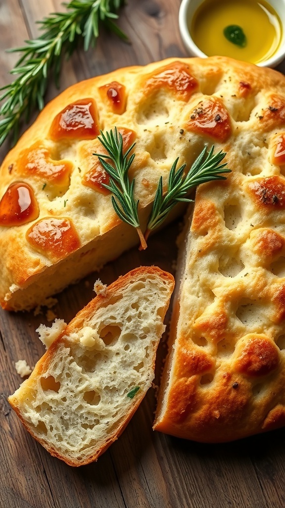 Freshly baked bubbly focaccia bread with rosemary and olive oil on a rustic table.